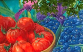 A colorful mural of summer's bountiful produce showing peppers, eggplant, tomatoes, and blueberries. It's painted on a wall at a Farmer's Market in South Haven, Michigan.